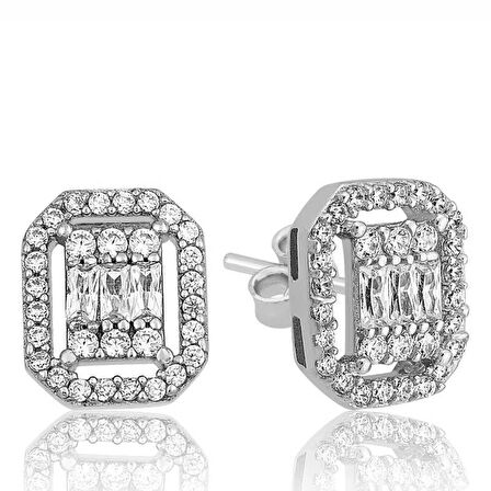 Lucky Life 925 Ayar Gumuss  Beyaz Baget Taşlı Çivili Kadın Küpe