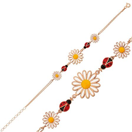 Lucky Life 925 Ayar Gumuss  Rose Uğur Böcekli Papatya Bayan Bileklik