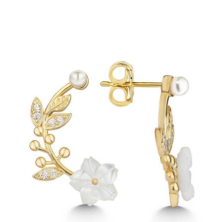 Lucky Life 925 Ayar Gumuss  Gold Sedef Çiçek Çivili Kadın Küpe