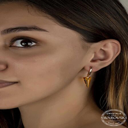 Swarovski Crystal Taşlı Lucky Life 925 Ayar Gumuss  Sarı Taşlı Üçgen Sallantılı Kadın Küpe