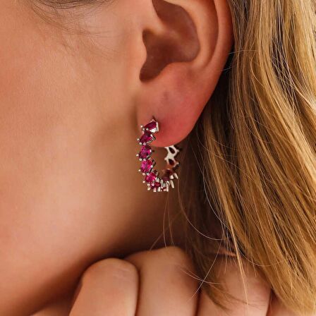 Lucky Life 925 Ayar Gumuss Pembe Taşlı Damla Çivili Kadın Küpe