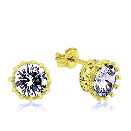 Lucky Life 925 Ayar Gumuss Gold Tırnaklı Tek Taş Çivili Kadın Küpe