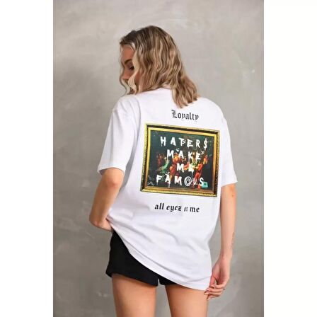 Lucky Life Unisex Baskılı Oversize T-Shirt - Beyaz