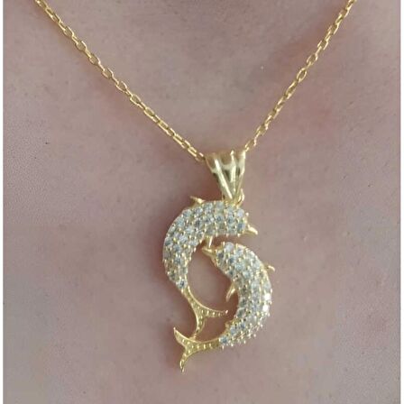 Lucky Life 925 Ayar Gumuss Gold Çift Yunus Balığı Kadın Kolye