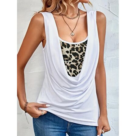  Lucky Life Kadın Kolsuz Degaje Leopar Detay Bluz