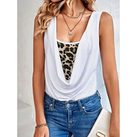  Lucky Life Kadın Kolsuz Degaje Leopar Detay Bluz