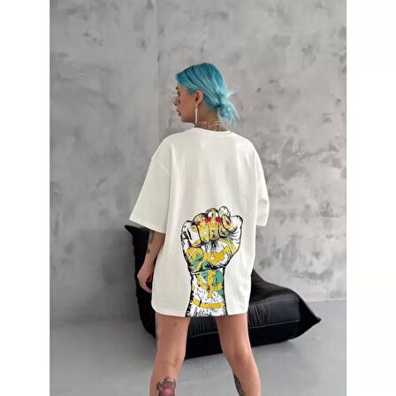 Lucky Life Unisex Bisiklet Yaka Baskılı Oversize T-Shirt - Beyaz