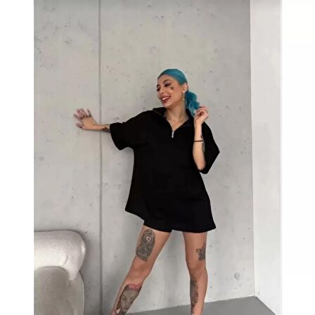 Lucky Life Unisex  Yarım Fermuarlı Düz Oversize T-Shirt - Siyah