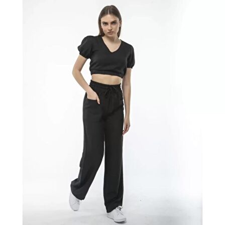 Lucky Life Kadın Keten Pantalon Ve Crop Takım - Siyah