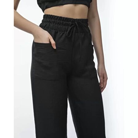 Lucky Life Kadın Keten Pantalon Ve Crop Takım - Siyah