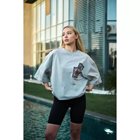 Lucky Life Unisex Bisiklet Yaka Baskılı Oversize T-Shirt - Boyalı Gri