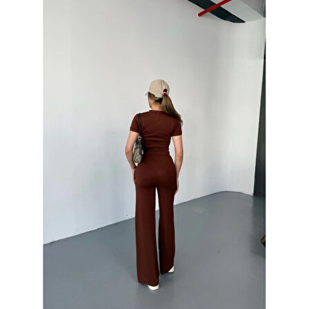 Osy Modal Yumuşak Dokulu Kumaş Kısa Kollu Lucky Life Kadın Crop Rahat Pantalon Ikili Takım - Kahverengi