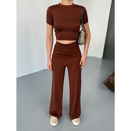 Osy Modal Yumuşak Dokulu Kumaş Kısa Kollu Lucky Life Kadın Crop Rahat Pantalon Ikili Takım - Kahverengi