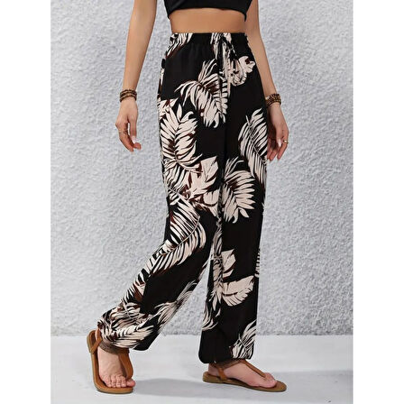 Lucky Life Yüksek Bel Bağcıklı Yaprak Desenli Süprem Pantolon