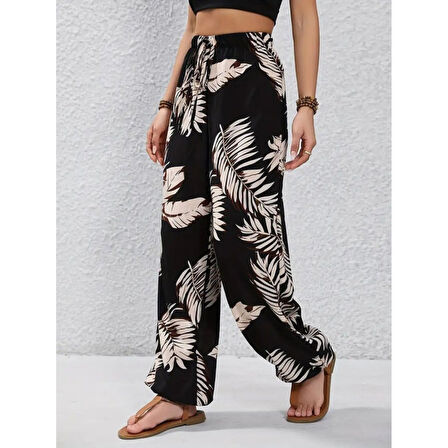 Lucky Life Yüksek Bel Bağcıklı Yaprak Desenli Süprem Pantolon