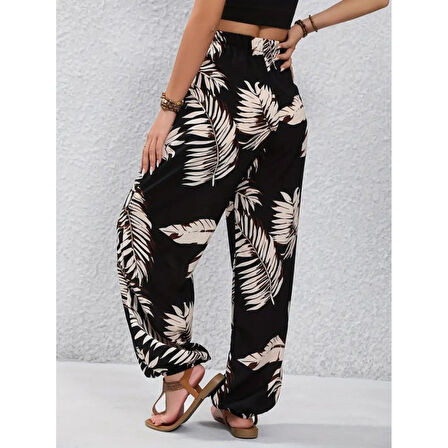 Lucky Life Yüksek Bel Bağcıklı Yaprak Desenli Süprem Pantolon