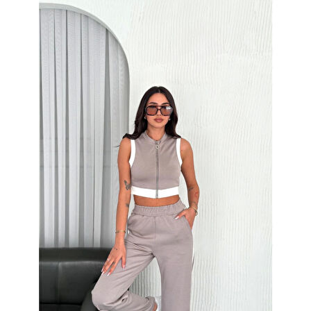 Lucky Life Lucky Life Kadın Yumuşak Dokulu Kumaş Tam Fermuarlı Crop Pantalon İkili Takım - Gri