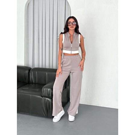 Lucky Life Lucky Life Kadın Yumuşak Dokulu Kumaş Tam Fermuarlı Crop Pantalon İkili Takım - Gri