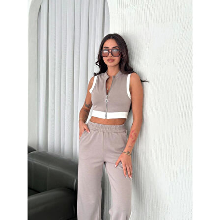 Lucky Life Lucky Life Kadın Yumuşak Dokulu Kumaş Tam Fermuarlı Crop Pantalon İkili Takım - Gri