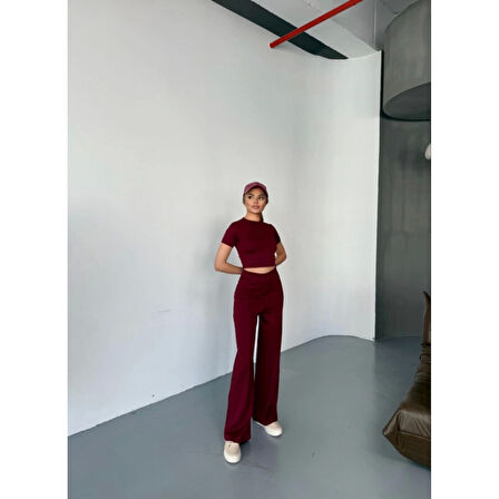Osy Modal Yumuşak Dokulu Kumaş Kısa Kollu Lucky Life Kadın Crop Rahat Pantalon Ikili Takım - Bordo