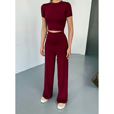 Osy Modal Yumuşak Dokulu Kumaş Kısa Kollu Lucky Life Kadın Crop Rahat Pantalon Ikili Takım - Bordo