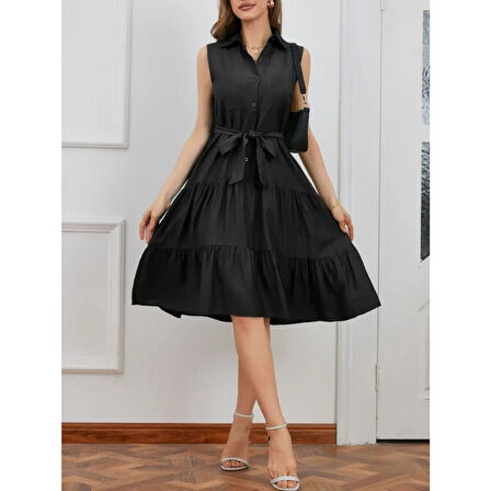 Lucky Life Kadın Kısa Kollu Gömlek Yaka Düğmeli Beli Kuşaklı Katlı Dokuma Midi Elbise