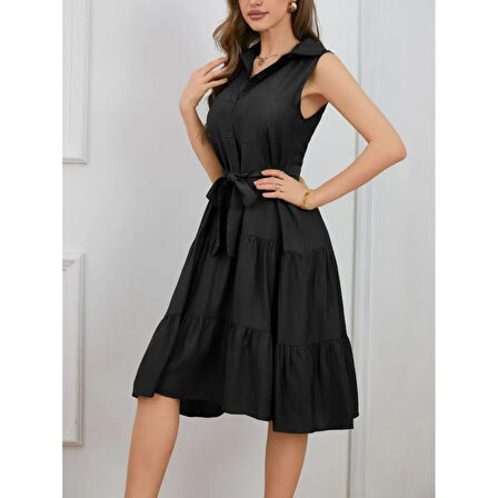 Lucky Life Kadın Kısa Kollu Gömlek Yaka Düğmeli Beli Kuşaklı Katlı Dokuma Midi Elbise