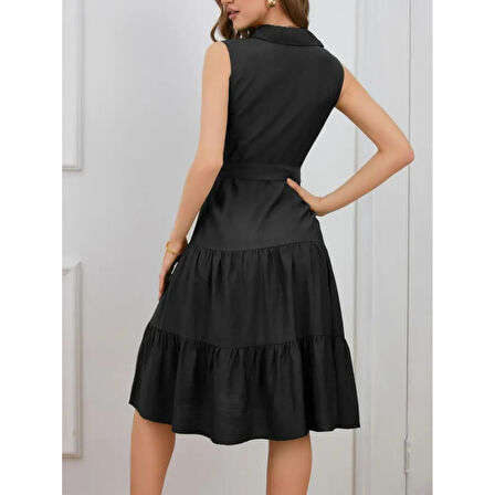 Lucky Life Kadın Kısa Kollu Gömlek Yaka Düğmeli Beli Kuşaklı Katlı Dokuma Midi Elbise