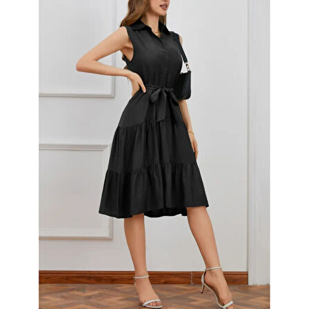 Lucky Life Kadın Kısa Kollu Gömlek Yaka Düğmeli Beli Kuşaklı Katlı Dokuma Midi Elbise