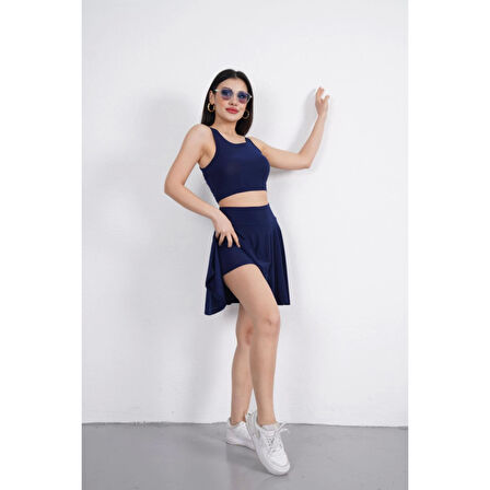 Sendy Kumaş Bisiklet Yaka Lucky Life Kadın Crop Şortlu Etek Ikili Takım - Lacivert