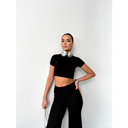 Osy Modal Yumuşak Dokulu Kumaş Kısa Kollu Lucky Life Kadın Crop Alt Ispanyol Paça Pantalon Ikili Takım - Siyah