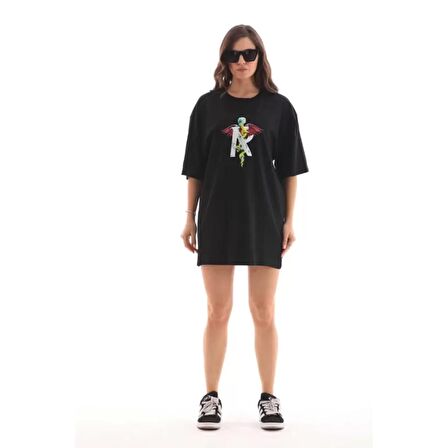 Lucky Life Unisex  Bisiklet Yaka Baskılı Oversize T-Shirt - Siyah