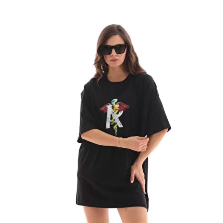 Lucky Life Unisex  Bisiklet Yaka Baskılı Oversize T-Shirt - Siyah