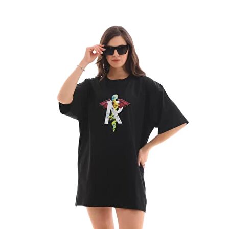 Lucky Life Unisex  Bisiklet Yaka Baskılı Oversize T-Shirt - Siyah