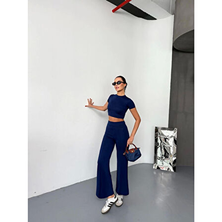 Osy Modal Yumuşak Dokulu Kumaş Kısa Kollu Lucky Life Kadın Crop Alt Ispanyol Paça Pantalon Ikili Takım - Lacivert