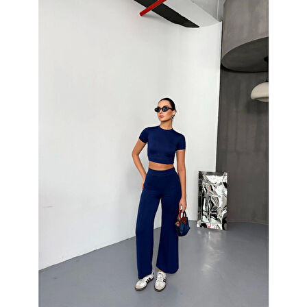 Osy Modal Yumuşak Dokulu Kumaş Kısa Kollu Lucky Life Kadın Crop Alt Ispanyol Paça Pantalon Ikili Takım - Lacivert