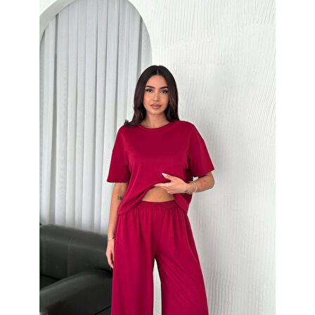 Lucky Life Lucky Life Kadın Yumuşak Dokulu Kumaş Bisiklet Yaka T-shirt Bol Paça Pantalon Ikili Takım -Bordo