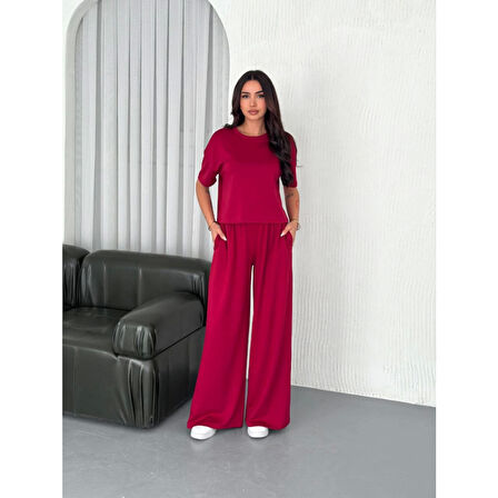 Lucky Life Lucky Life Kadın Yumuşak Dokulu Kumaş Bisiklet Yaka T-shirt Bol Paça Pantalon Ikili Takım -Bordo