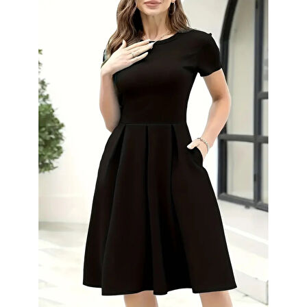 Lucky Life Kadın Kısa Kollu Bisiklet Yaka önden Pile Detaylı Janjan Krep Elbise