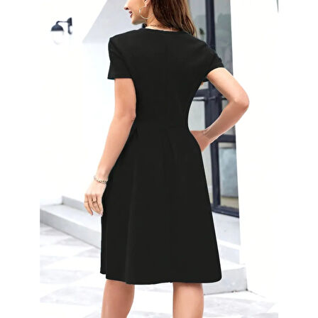 Lucky Life Kadın Kısa Kollu Bisiklet Yaka önden Pile Detaylı Janjan Krep Elbise