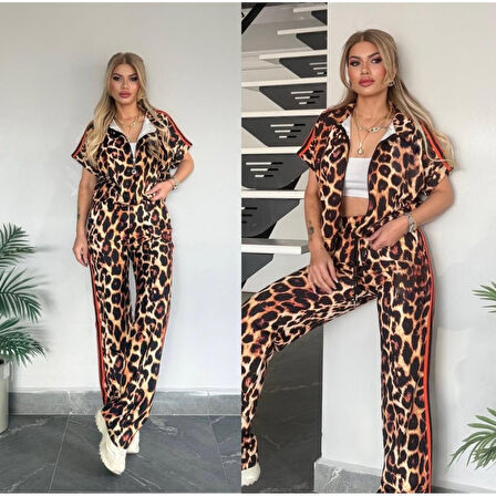 Lucky Life Kadın Dalgıç Kumaş Dijital Leopar Baskılı şerit Detaylı Takım