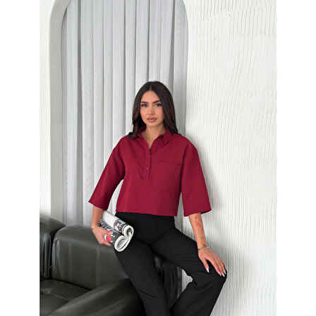 Crop Lucky Life Kadın Yakalı Gömlek Üç Çeyrek Sleeve Kol - Bordo