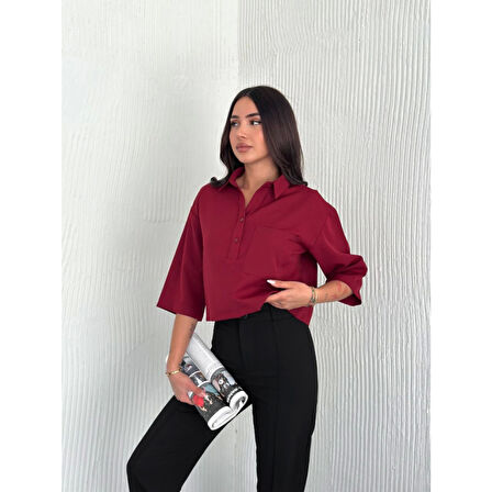 Crop Lucky Life Kadın Yakalı Gömlek Üç Çeyrek Sleeve Kol - Bordo