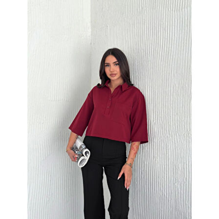 Crop Lucky Life Kadın Yakalı Gömlek Üç Çeyrek Sleeve Kol - Bordo