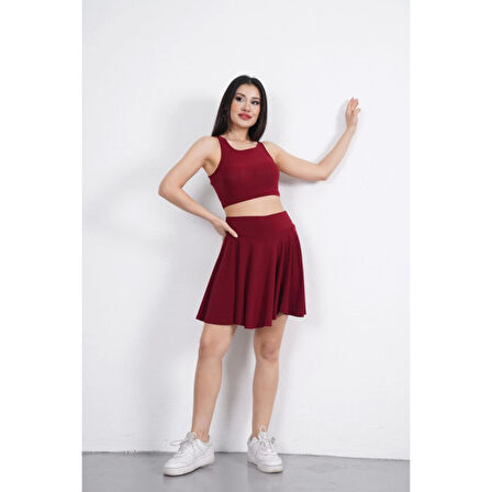 Sendy Kumaş Bisiklet Yaka Lucky Life Kadın Crop Şortlu Etek Ikili Takım - Bordo