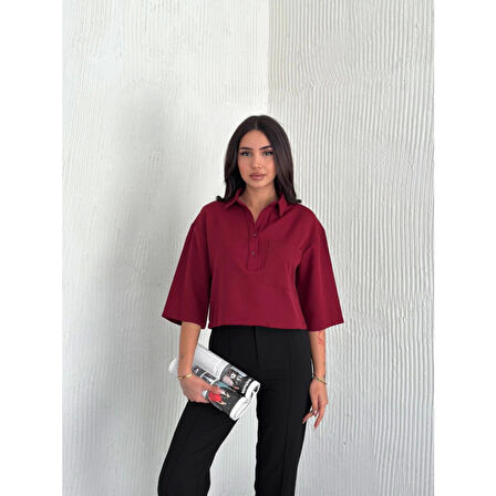 Crop Lucky Life Kadın Yakalı Gömlek Üç Çeyrek Sleeve Kol - Bordo