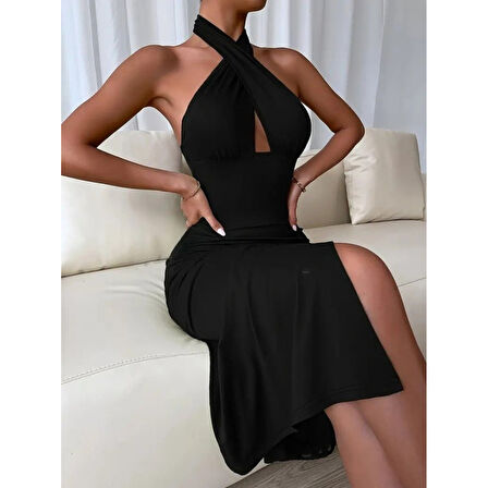 Lucky Life Kadın Sırt Dekolteli Boyun çapraz Yakalı Yırtmaç Detay Midi Sandy Elbise