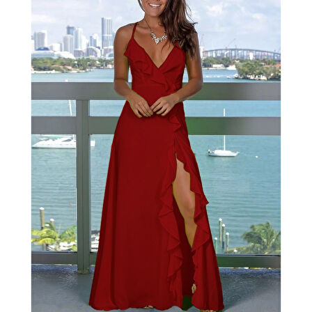 Lucky Life Kadın Ip Askılı Dekolteli Yırtmaç Detay Krep Elbise