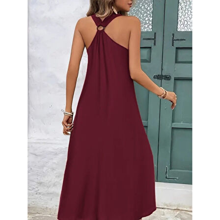 Lucky Life Kadın Askılı V Yakalı Halka Detaylı Maksi Boy Viskon Elbise