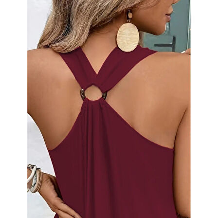 Lucky Life Kadın Askılı V Yakalı Halka Detaylı Maksi Boy Viskon Elbise